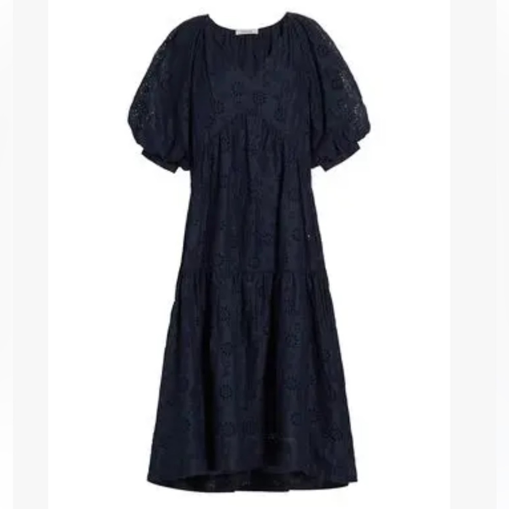 Frame Denim Navy Eyelet Tiered Midi Dress